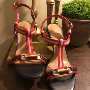 TALBOTS SANDAL BLOCK HEEL RED NAVY GOLD 9B